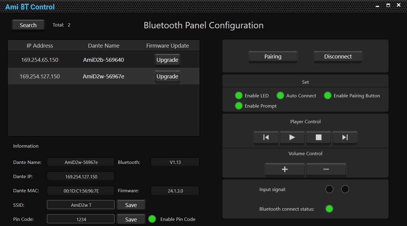 Ami BT Control sur Windows&nbsp;: deux AmiD2 détectés sur le réseau, configuration du SSID, du code PIN, de l’appairage et des LED, contrôle du lecteur et du volume